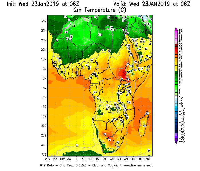 Mappa di analisi GFS - Temperatura a 2 metri dal suolo [°C] in Africa
							del 23/01/2019 06 <!--googleoff: index-->UTC<!--googleon: index-->