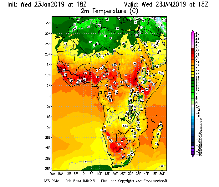 Mappa di analisi GFS - Temperatura a 2 metri dal suolo [°C] in Africa
							del 23/01/2019 18 <!--googleoff: index-->UTC<!--googleon: index-->