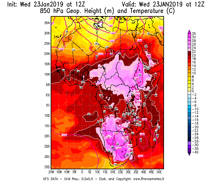 Mappa di analisi GFS - Geopotenziale [m] e Temperatura [°C] a 850 hPa in Africa
							del 23/01/2019 12 <!--googleoff: index-->UTC<!--googleon: index-->