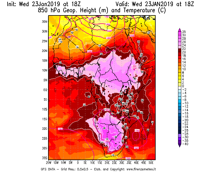 Mappa di analisi GFS - Geopotenziale [m] e Temperatura [°C] a 850 hPa in Africa
							del 23/01/2019 18 <!--googleoff: index-->UTC<!--googleon: index-->