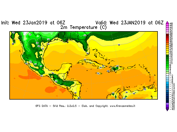 Mappa di analisi GFS - Temperatura a 2 metri dal suolo [°C] in Centro-America
							del 23/01/2019 06 <!--googleoff: index-->UTC<!--googleon: index-->