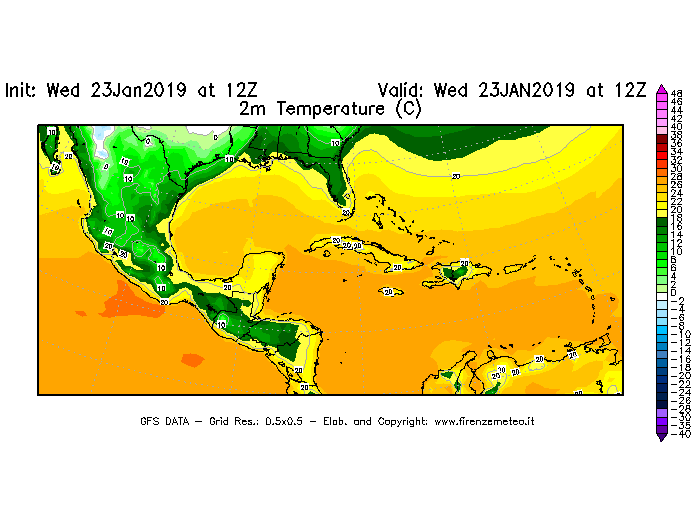 Mappa di analisi GFS - Temperatura a 2 metri dal suolo [°C] in Centro-America
							del 23/01/2019 12 <!--googleoff: index-->UTC<!--googleon: index-->