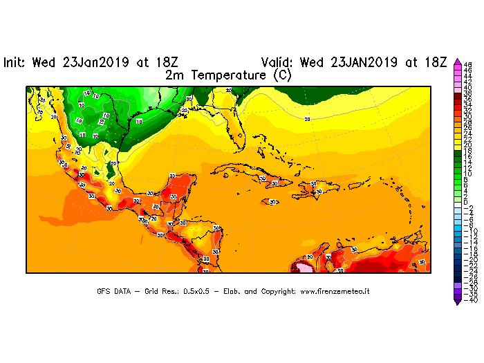 Mappa di analisi GFS - Temperatura a 2 metri dal suolo [°C] in Centro-America
							del 23/01/2019 18 <!--googleoff: index-->UTC<!--googleon: index-->