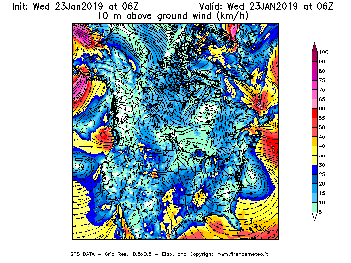 Mappa di analisi GFS - Velocità del vento a 10 metri dal suolo [km/h] in Nord-America
							del 23/01/2019 06 <!--googleoff: index-->UTC<!--googleon: index-->
