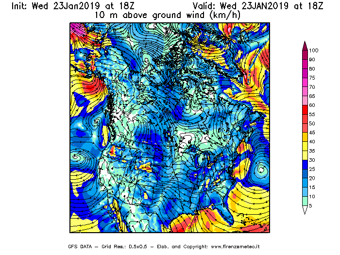 Mappa di analisi GFS - Velocità del vento a 10 metri dal suolo [km/h] in Nord-America
							del 23/01/2019 18 <!--googleoff: index-->UTC<!--googleon: index-->