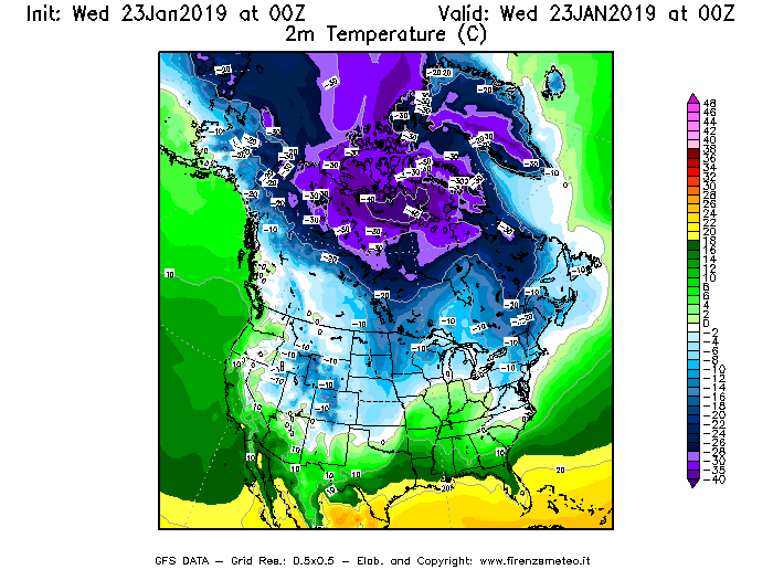 Mappa di analisi GFS - Temperatura a 2 metri dal suolo [°C] in Nord-America
							del 23/01/2019 00 <!--googleoff: index-->UTC<!--googleon: index-->