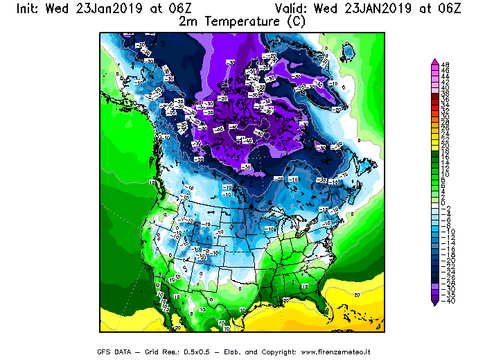 Mappa di analisi GFS - Temperatura a 2 metri dal suolo [°C] in Nord-America
							del 23/01/2019 06 <!--googleoff: index-->UTC<!--googleon: index-->