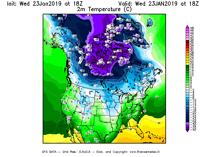 Mappa di analisi GFS - Temperatura a 2 metri dal suolo [°C] in Nord-America
							del 23/01/2019 18 <!--googleoff: index-->UTC<!--googleon: index-->