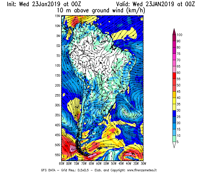 Mappa di analisi GFS - Velocità del vento a 10 metri dal suolo [km/h] in Sud-America
							del 23/01/2019 00 <!--googleoff: index-->UTC<!--googleon: index-->