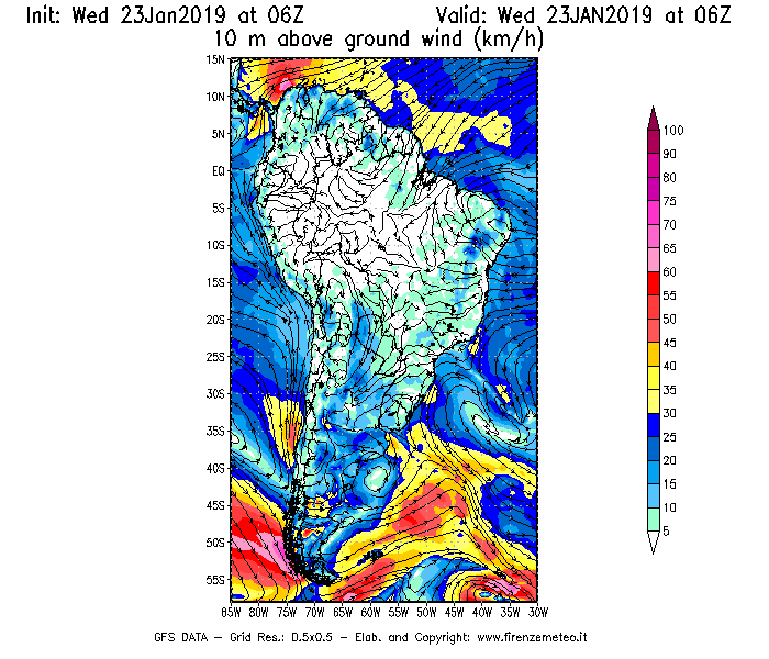Mappa di analisi GFS - Velocità del vento a 10 metri dal suolo [km/h] in Sud-America
							del 23/01/2019 06 <!--googleoff: index-->UTC<!--googleon: index-->