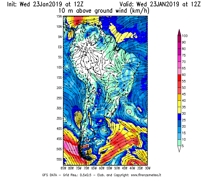 Mappa di analisi GFS - Velocità del vento a 10 metri dal suolo [km/h] in Sud-America
							del 23/01/2019 12 <!--googleoff: index-->UTC<!--googleon: index-->