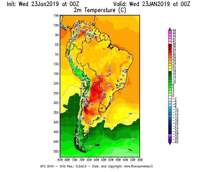 Mappa di analisi GFS - Temperatura a 2 metri dal suolo [°C] in Sud-America
							del 23/01/2019 00 <!--googleoff: index-->UTC<!--googleon: index-->