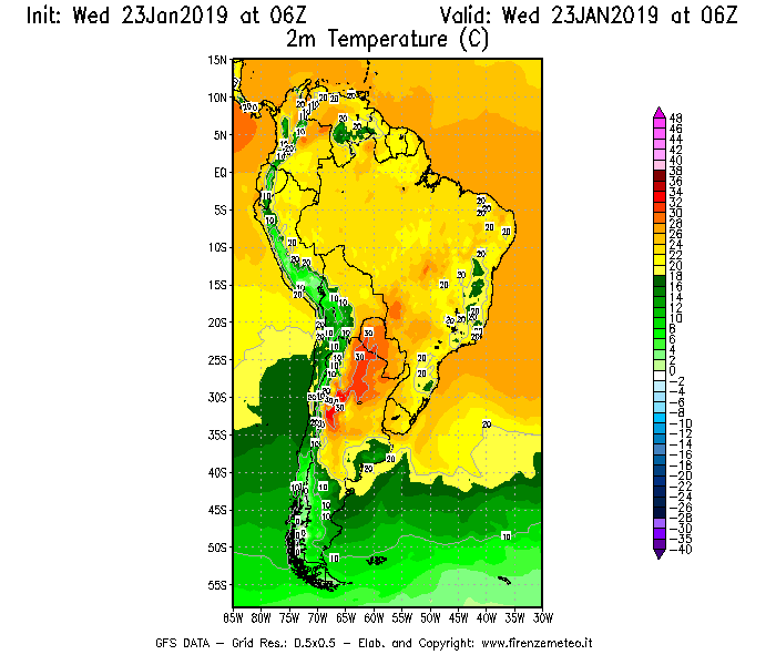 Mappa di analisi GFS - Temperatura a 2 metri dal suolo [°C] in Sud-America
							del 23/01/2019 06 <!--googleoff: index-->UTC<!--googleon: index-->
