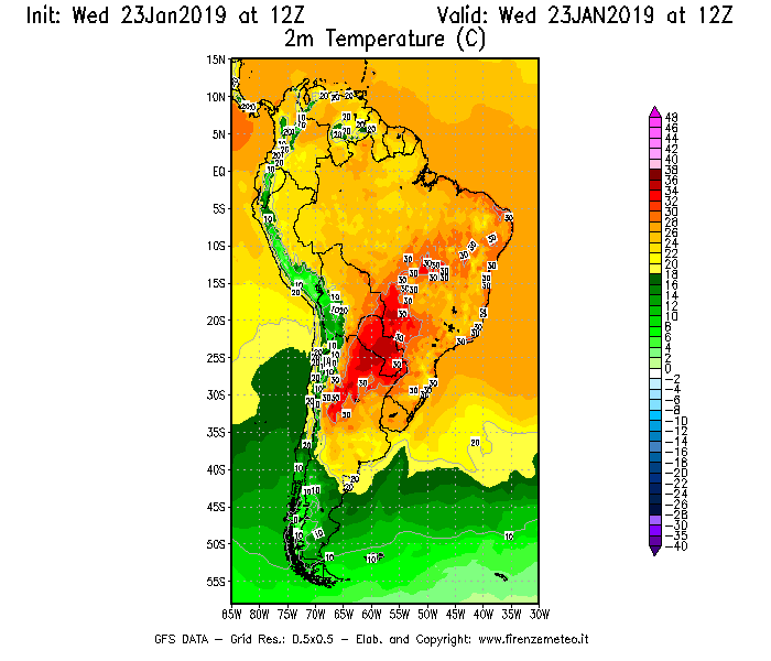 Mappa di analisi GFS - Temperatura a 2 metri dal suolo [°C] in Sud-America
							del 23/01/2019 12 <!--googleoff: index-->UTC<!--googleon: index-->