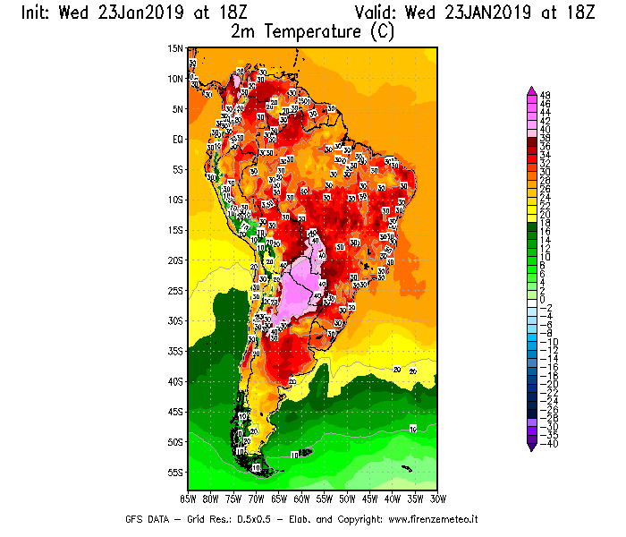 Mappa di analisi GFS - Temperatura a 2 metri dal suolo [°C] in Sud-America
							del 23/01/2019 18 <!--googleoff: index-->UTC<!--googleon: index-->