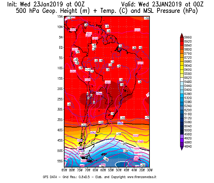 Mappa di analisi GFS - Geopotenziale [m] + Temp. [°C] a 500 hPa + Press. a livello del mare [hPa] in Sud-America
							del 23/01/2019 00 <!--googleoff: index-->UTC<!--googleon: index-->
