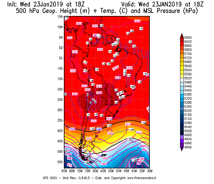 Mappa di analisi GFS - Geopotenziale [m] + Temp. [°C] a 500 hPa + Press. a livello del mare [hPa] in Sud-America
							del 23/01/2019 18 <!--googleoff: index-->UTC<!--googleon: index-->
