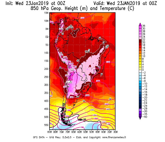 Mappa di analisi GFS - Geopotenziale [m] e Temperatura [°C] a 850 hPa in Sud-America
							del 23/01/2019 00 <!--googleoff: index-->UTC<!--googleon: index-->
