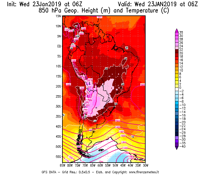 Mappa di analisi GFS - Geopotenziale [m] e Temperatura [°C] a 850 hPa in Sud-America
							del 23/01/2019 06 <!--googleoff: index-->UTC<!--googleon: index-->