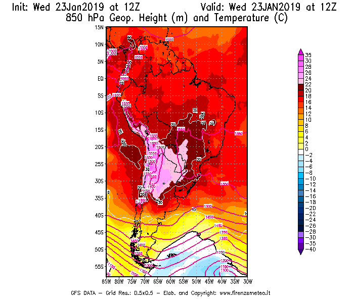 Mappa di analisi GFS - Geopotenziale [m] e Temperatura [°C] a 850 hPa in Sud-America
							del 23/01/2019 12 <!--googleoff: index-->UTC<!--googleon: index-->