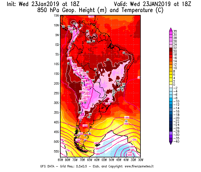 Mappa di analisi GFS - Geopotenziale [m] e Temperatura [°C] a 850 hPa in Sud-America
							del 23/01/2019 18 <!--googleoff: index-->UTC<!--googleon: index-->
