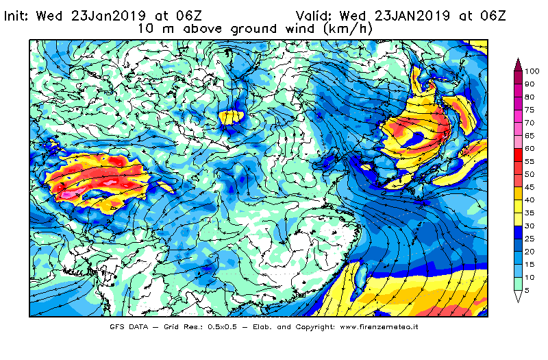 Mappa di analisi GFS - Velocità del vento a 10 metri dal suolo [km/h] in Asia Orientale
							del 23/01/2019 06 <!--googleoff: index-->UTC<!--googleon: index-->
