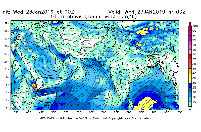 Mappa di analisi GFS - Velocità del vento a 10 metri dal suolo [km/h] in Asia Sud-Occidentale
							del 23/01/2019 00 <!--googleoff: index-->UTC<!--googleon: index-->