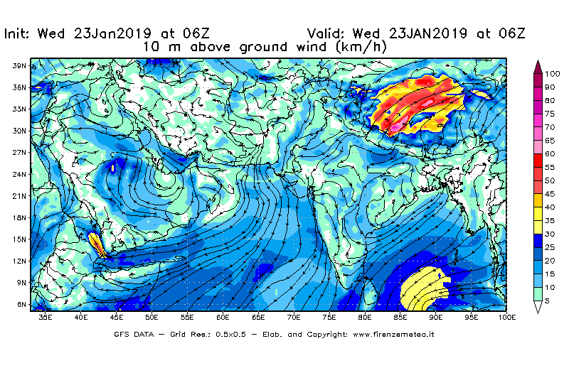 Mappa di analisi GFS - Velocità del vento a 10 metri dal suolo [km/h] in Asia Sud-Occidentale
							del 23/01/2019 06 <!--googleoff: index-->UTC<!--googleon: index-->