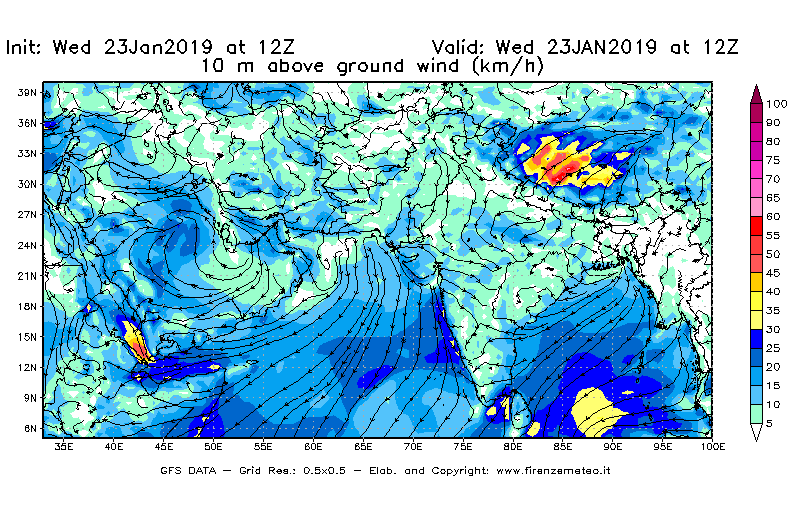 Mappa di analisi GFS - Velocità del vento a 10 metri dal suolo [km/h] in Asia Sud-Occidentale
							del 23/01/2019 12 <!--googleoff: index-->UTC<!--googleon: index-->