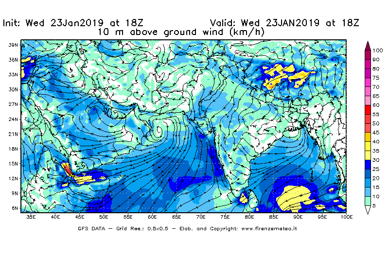 Mappa di analisi GFS - Velocità del vento a 10 metri dal suolo [km/h] in Asia Sud-Occidentale
							del 23/01/2019 18 <!--googleoff: index-->UTC<!--googleon: index-->