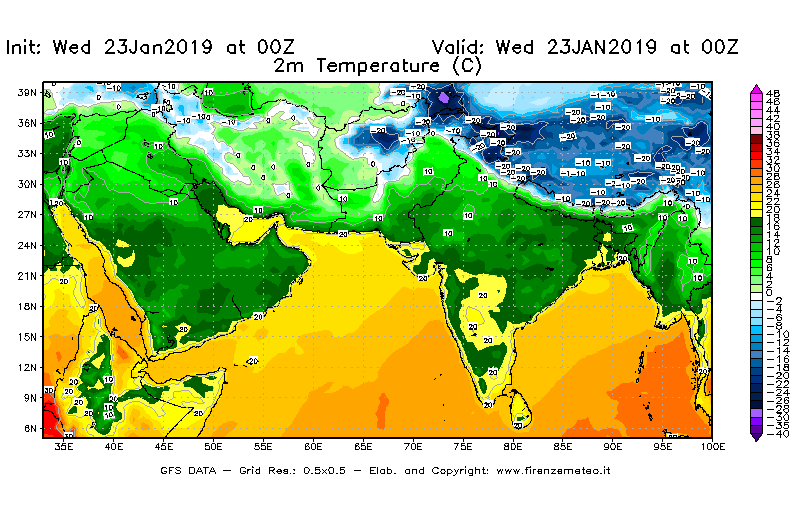 Mappa di analisi GFS - Temperatura a 2 metri dal suolo [°C] in Asia Sud-Occidentale
							del 23/01/2019 00 <!--googleoff: index-->UTC<!--googleon: index-->