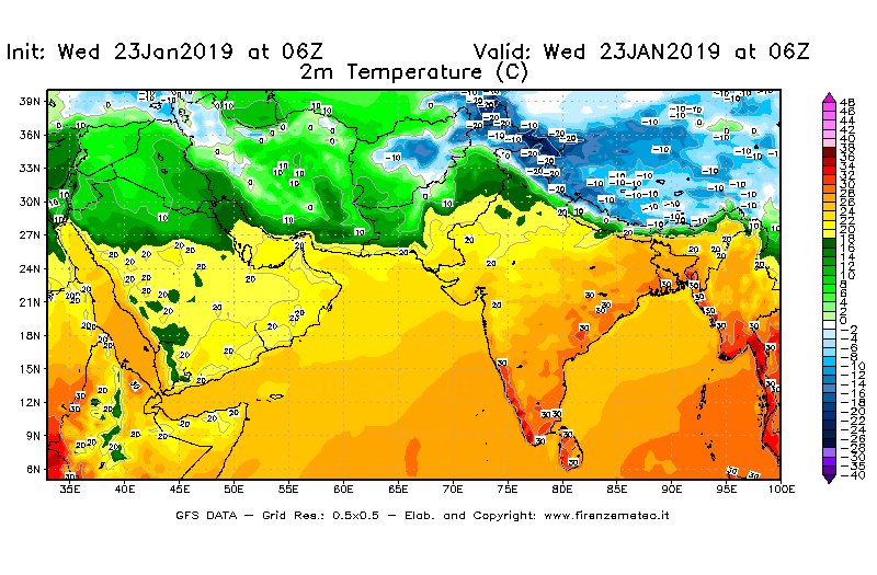 Mappa di analisi GFS - Temperatura a 2 metri dal suolo [°C] in Asia Sud-Occidentale
							del 23/01/2019 06 <!--googleoff: index-->UTC<!--googleon: index-->