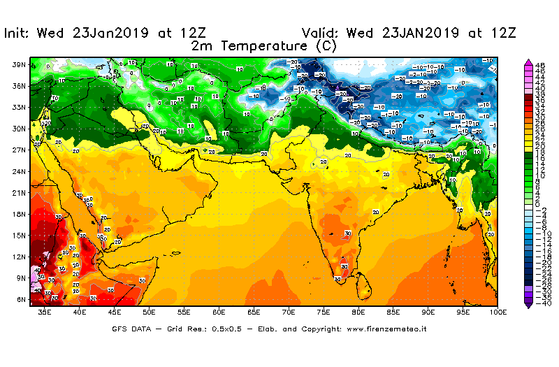 Mappa di analisi GFS - Temperatura a 2 metri dal suolo [°C] in Asia Sud-Occidentale
							del 23/01/2019 12 <!--googleoff: index-->UTC<!--googleon: index-->