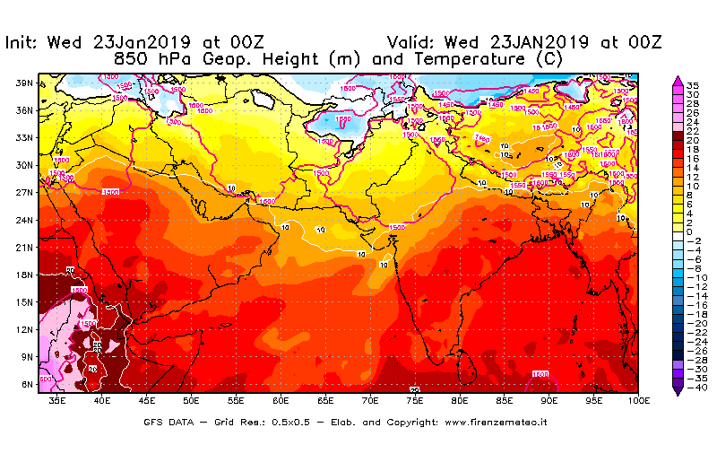 Mappa di analisi GFS - Geopotenziale [m] e Temperatura [°C] a 850 hPa in Asia Sud-Occidentale
							del 23/01/2019 00 <!--googleoff: index-->UTC<!--googleon: index-->