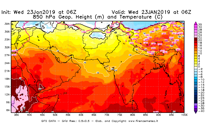 Mappa di analisi GFS - Geopotenziale [m] e Temperatura [°C] a 850 hPa in Asia Sud-Occidentale
							del 23/01/2019 06 <!--googleoff: index-->UTC<!--googleon: index-->