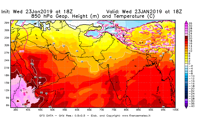 Mappa di analisi GFS - Geopotenziale [m] e Temperatura [°C] a 850 hPa in Asia Sud-Occidentale
							del 23/01/2019 18 <!--googleoff: index-->UTC<!--googleon: index-->