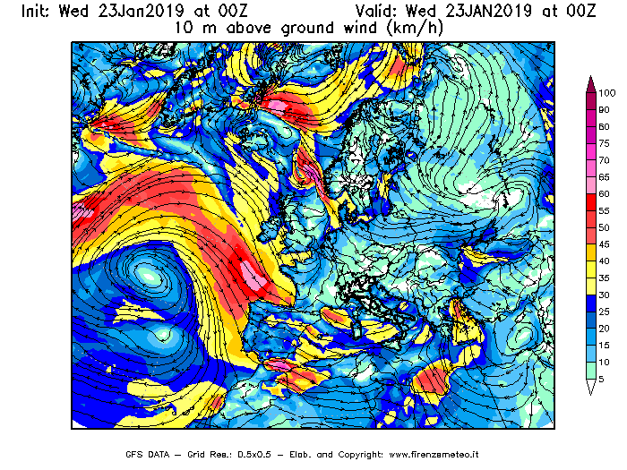 Mappa di analisi GFS - Velocità del vento a 10 metri dal suolo [km/h] in Europa
							del 23/01/2019 00 <!--googleoff: index-->UTC<!--googleon: index-->