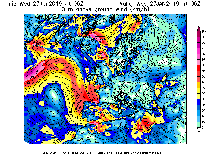 Mappa di analisi GFS - Velocità del vento a 10 metri dal suolo [km/h] in Europa
							del 23/01/2019 06 <!--googleoff: index-->UTC<!--googleon: index-->