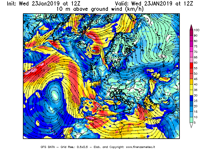Mappa di analisi GFS - Velocità del vento a 10 metri dal suolo [km/h] in Europa
							del 23/01/2019 12 <!--googleoff: index-->UTC<!--googleon: index-->