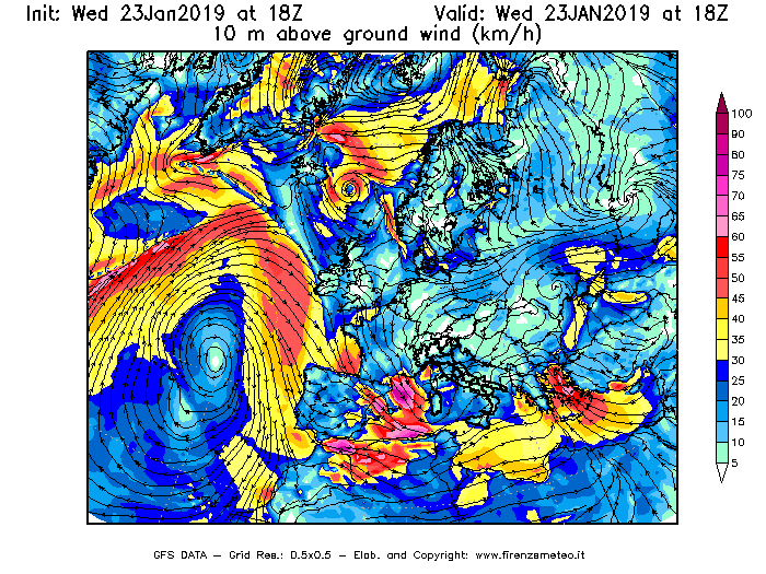 Mappa di analisi GFS - Velocità del vento a 10 metri dal suolo [km/h] in Europa
							del 23/01/2019 18 <!--googleoff: index-->UTC<!--googleon: index-->
