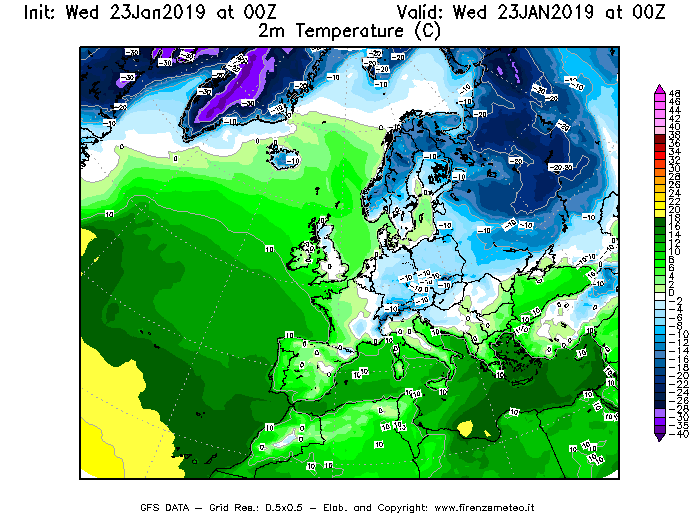 Mappa di analisi GFS - Temperatura a 2 metri dal suolo [°C] in Europa
							del 23/01/2019 00 <!--googleoff: index-->UTC<!--googleon: index-->