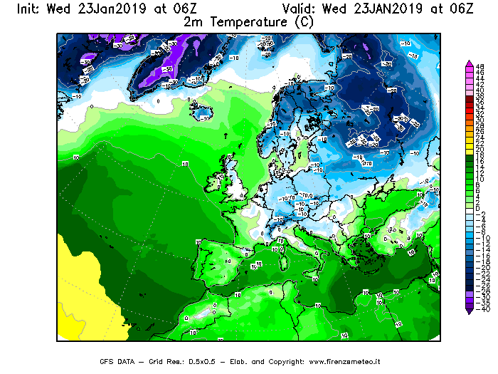 Mappa di analisi GFS - Temperatura a 2 metri dal suolo [°C] in Europa
							del 23/01/2019 06 <!--googleoff: index-->UTC<!--googleon: index-->