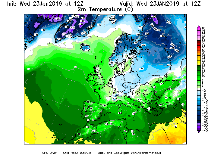 Mappa di analisi GFS - Temperatura a 2 metri dal suolo [°C] in Europa
							del 23/01/2019 12 <!--googleoff: index-->UTC<!--googleon: index-->