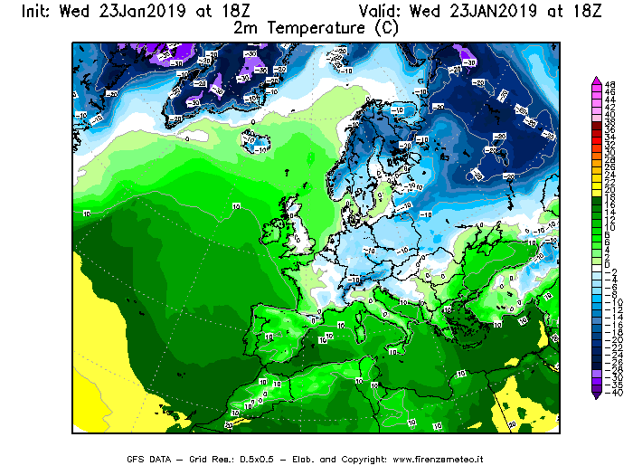 Mappa di analisi GFS - Temperatura a 2 metri dal suolo [°C] in Europa
							del 23/01/2019 18 <!--googleoff: index-->UTC<!--googleon: index-->