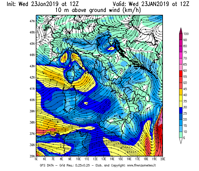 Mappa di analisi GFS - Velocità del vento a 10 metri dal suolo [km/h] in Italia
							del 23/01/2019 12 <!--googleoff: index-->UTC<!--googleon: index-->