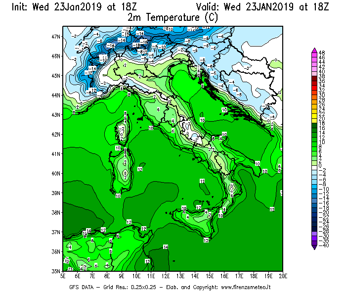 Mappa di analisi GFS - Temperatura a 2 metri dal suolo [°C] in Italia
							del 23/01/2019 18 <!--googleoff: index-->UTC<!--googleon: index-->