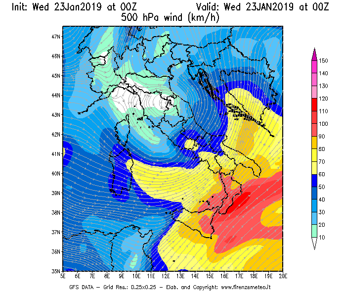 Mappa di analisi GFS - Velocità del vento a 500 hPa [km/h] in Italia
							del 23/01/2019 00 <!--googleoff: index-->UTC<!--googleon: index-->