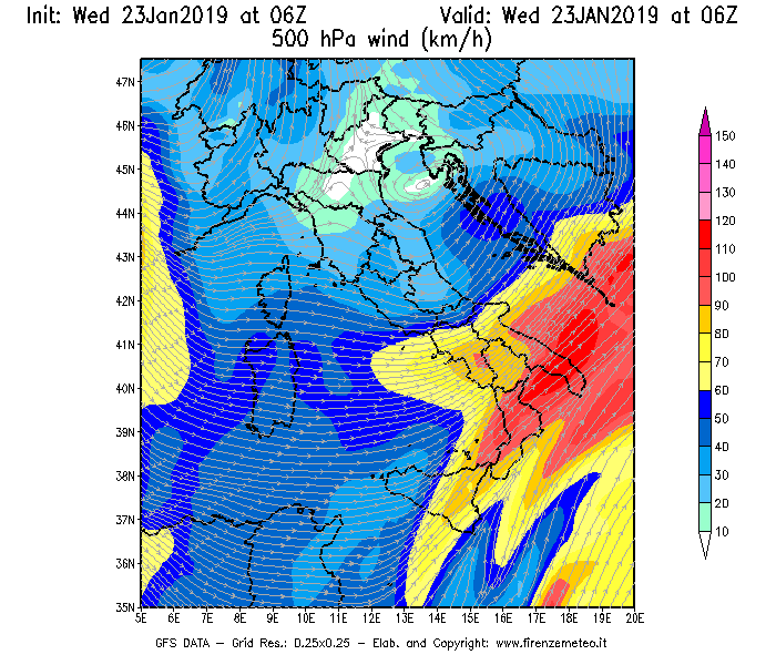 Mappa di analisi GFS - Velocità del vento a 500 hPa [km/h] in Italia
							del 23/01/2019 06 <!--googleoff: index-->UTC<!--googleon: index-->