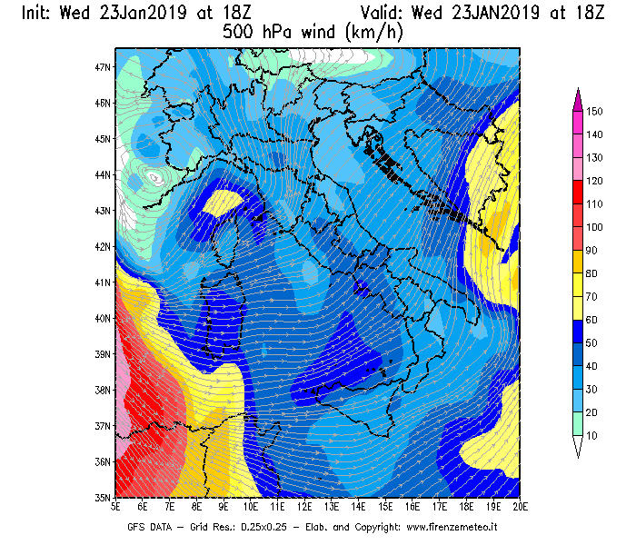 Mappa di analisi GFS - Velocità del vento a 500 hPa [km/h] in Italia
							del 23/01/2019 18 <!--googleoff: index-->UTC<!--googleon: index-->