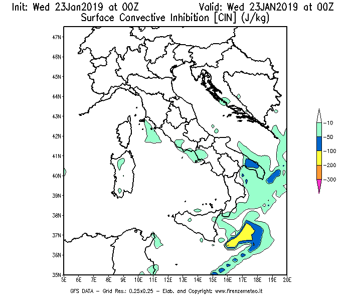 Mappa di analisi GFS - CIN [J/kg] in Italia
							del 23/01/2019 00 <!--googleoff: index-->UTC<!--googleon: index-->